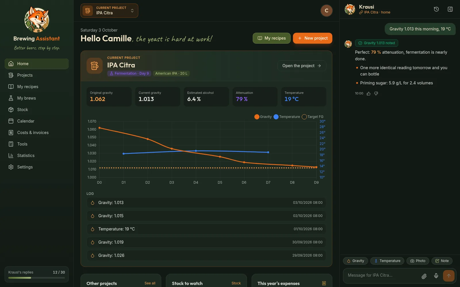 Krausi dashboard on a computer: Citra IPA project, a brew in fermentation and the chat panel open on the right