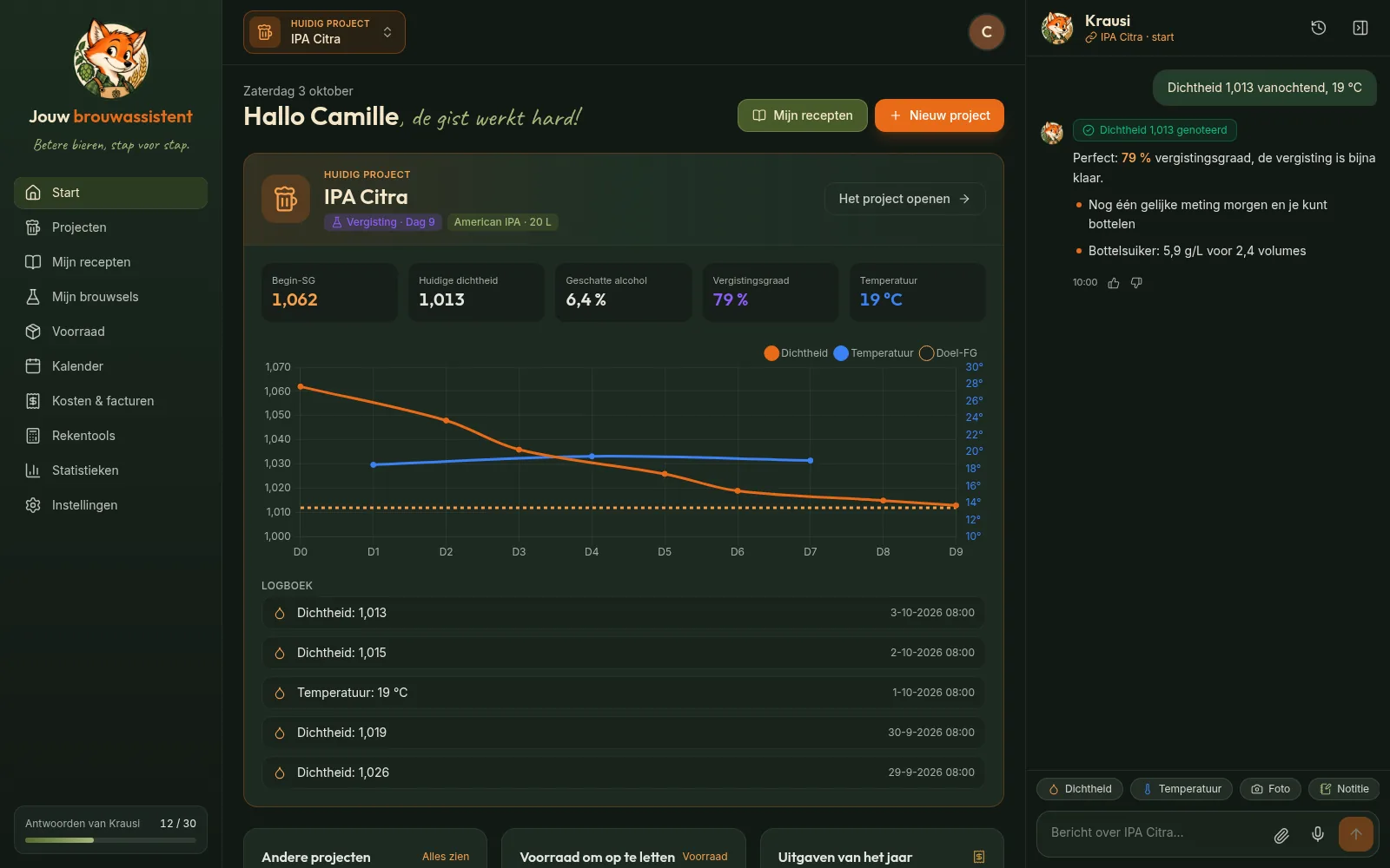 Dashboard van Krausi op de computer: project IPA Citra, een brouwsel in vergisting en het gesprekspaneel rechts geopend