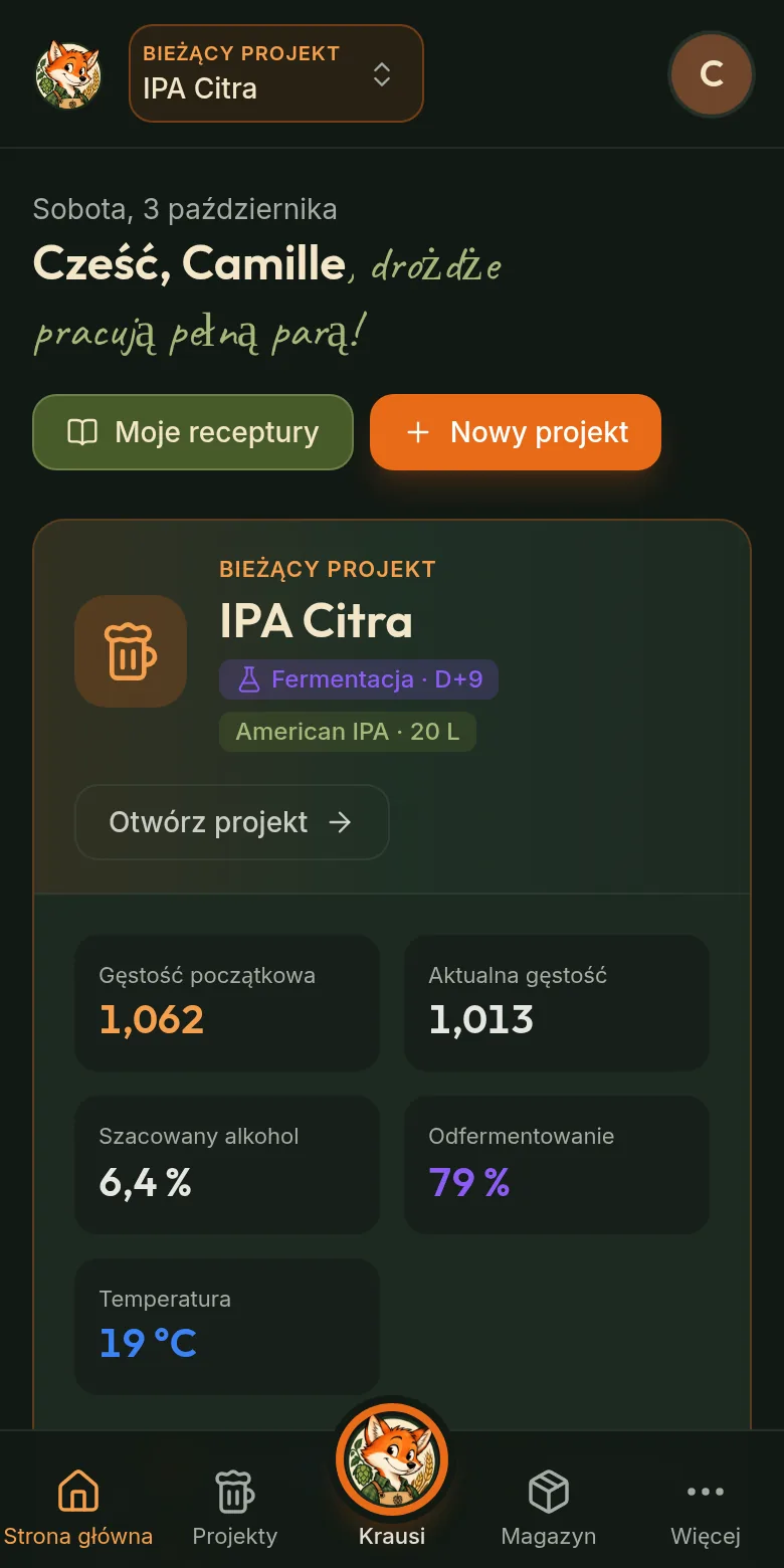 Krausi na telefonie: pulpit bieżącego projektu